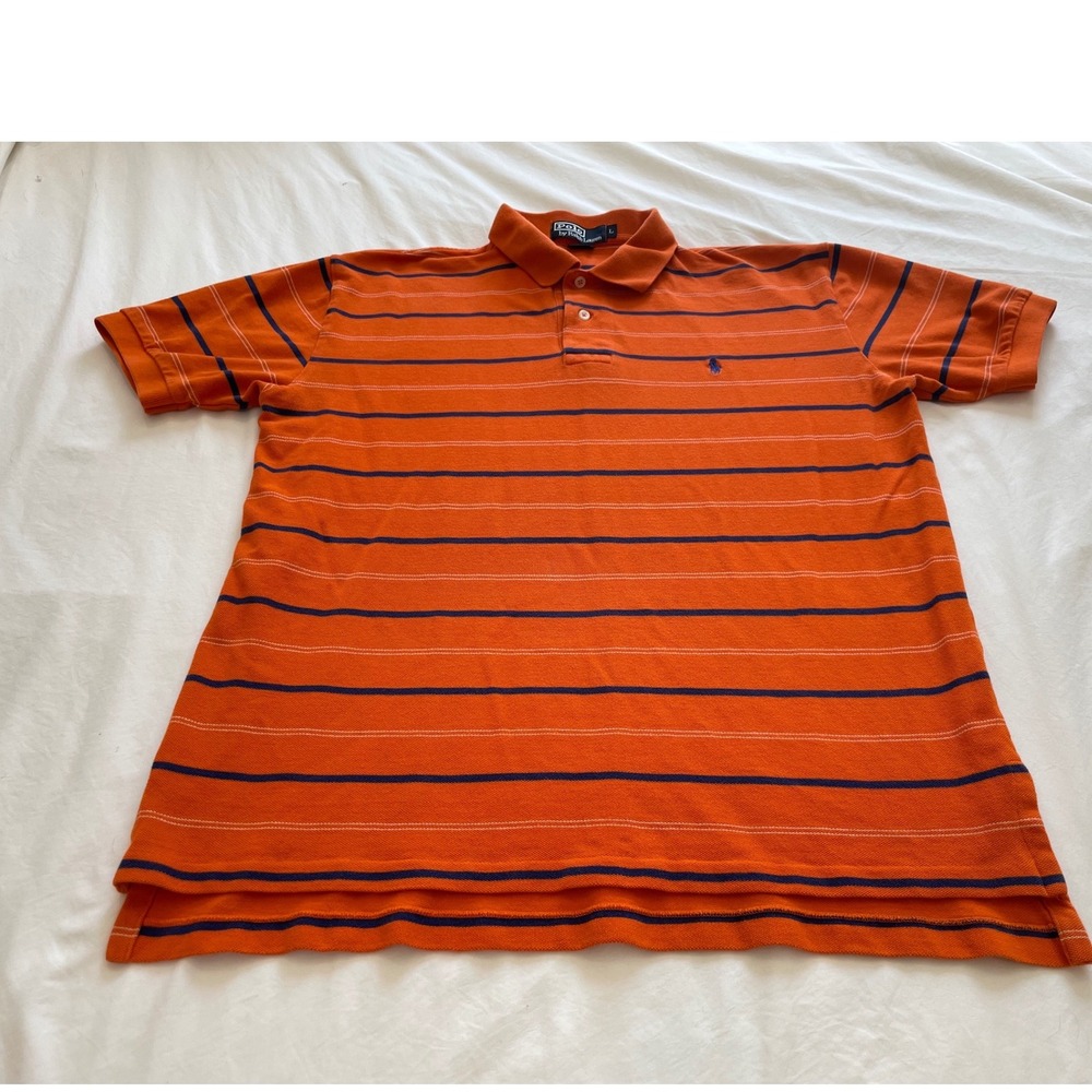 Polo Ralph Lauren Mens Large Orange Striped Short Sleeve Pique Polo Shirt